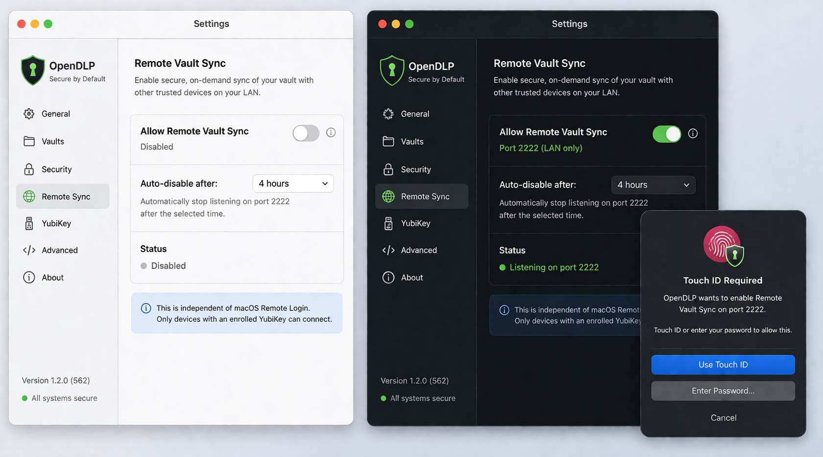 macOS app UI mockup showing the OpenDLP Remote Vault Sync toggle in both light and dark mode with Touch ID authentication