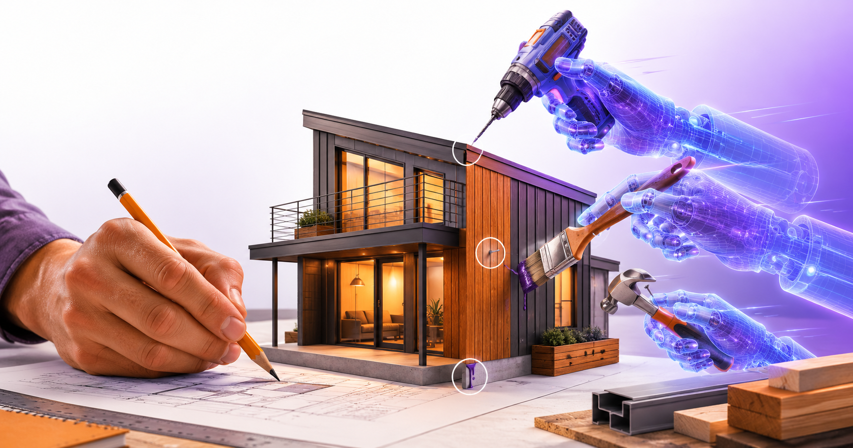 Human hand making precise corrections alongside an AI hand working fast with visible minor imperfections