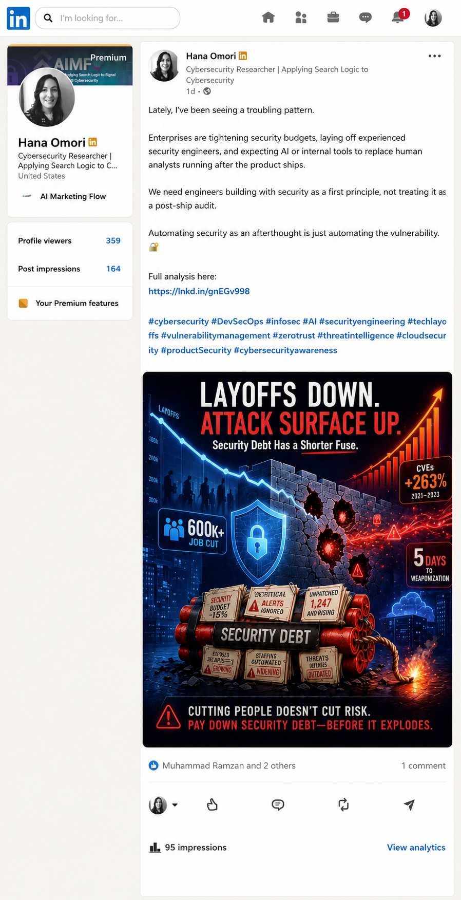 LinkedIn post promoting the Big Tech Layoffs vs Security Exploit Escalation analysis with AI-generated image containing visible text artifacts